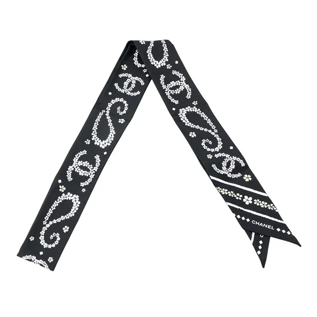 Chanel Slim Bandeau Scarf Black/White/Yellow Silk100% in Black from GALLERY RARE
