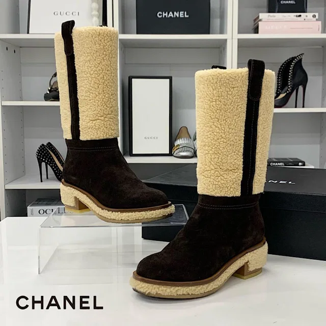 Chanel Shearling Suede CC Logo Long Boots Brown Beige in Brown Suede from The Reluxe