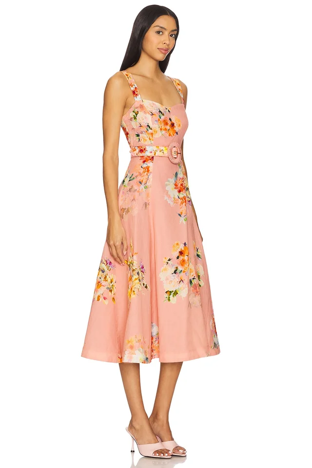 HEMANT AND NANDITA Midi Dress With Buckle Belt in Peach Floral, photo 2 of 3 from REVOLVE (Canada)