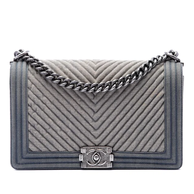 Blue Chanel Old Medium Chevron Denim Boy Flap Crossbody Bag in Blue Denim from Designer Revival