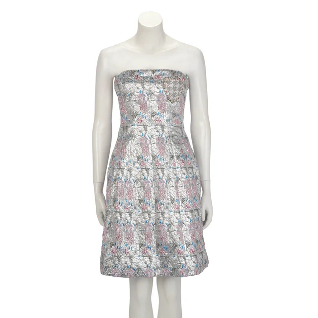Dior Floral Embroidered Bustier Badge Evening Dress FR 38 in Silver from Blue Spinach