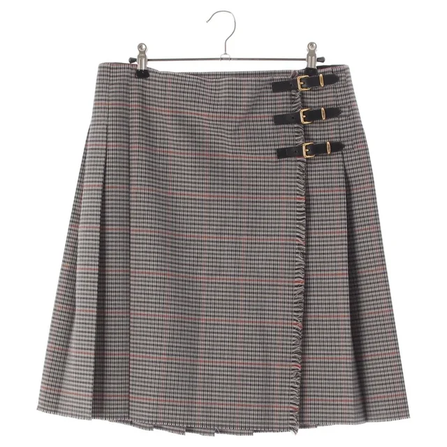 Miu Miu Leather Belted Back Logo Glen Check Skirt Gray Multicolor 36 in Grey Wool from The Reluxe