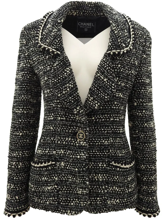 Chanel Tweed CC Mark Button Jacket Black/White in Black Tweed from VINTAGE QOO TOKYO