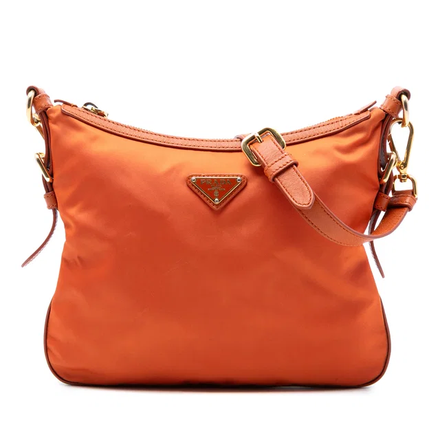 Orange Prada Saffiano Trimmed Tessuto Zip Top Crossbody in Orange Saffiano leather from Designer Revival