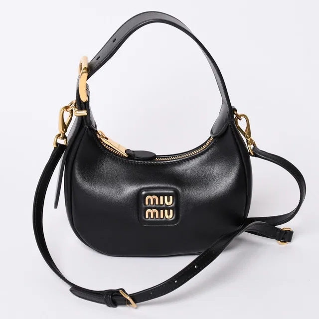Miu Miu Shoulder Bag Hobo 2-Way Leather Black Gold in Black Leather from The Reluxe