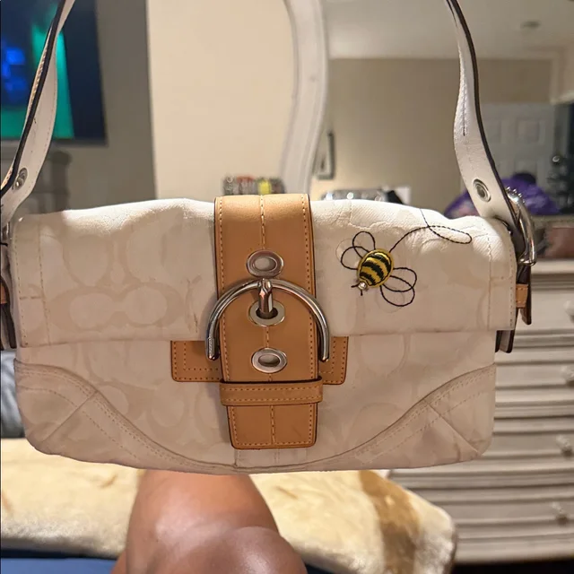 Coach Cream Canvas Shoulder Bag With Bee Appliqu And Tan Trim in brown|white|neutral Canvas from Poshmark
