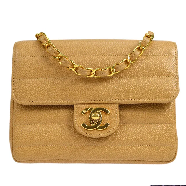 Chanel 1994-1996 Horizontal Stitch Classic Square Flap Mini 17 Beige Caviar in Beige Caviar leather from AMORE Vintage Tokyo