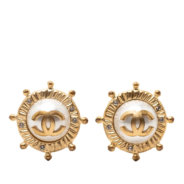 Gold Chanel CC Gold Plated Faux Pearl and Strass Clip on Earrings in Gold from Designer Revival