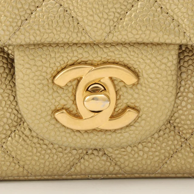 Chanel Caviar Skin Classic Flap Chain Bag Mini, Gold, circa 2015 in Gold Caviar leather from VINTAGE QOO TOKYO, photo 7 of 11