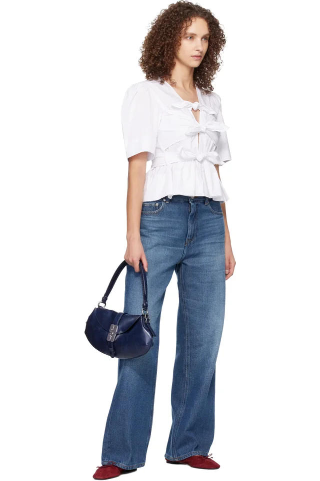 GANNI White Washed Stretch Cotton Tie Strap Blouse, photo 4 of 4 from SSENSE