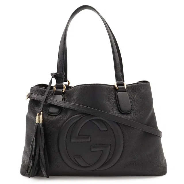 Gucci Soho Tote 2-Way Shoulder Bag Tassel Fringe Leather Black Gold in Black Leather from The Reluxe