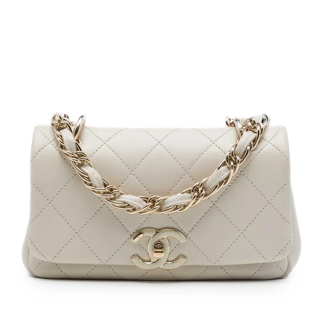 White Chanel Medium Quilted Lambskin Twist Chain Enamel CC Flap Crossbody Bag in White Lambskin from Designer Revival
