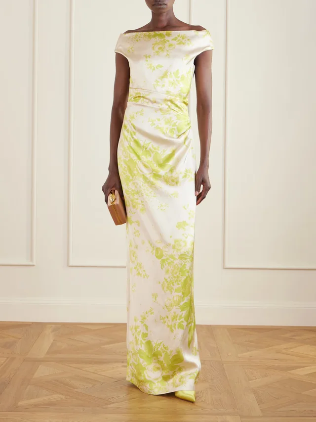 ERDEM Off-the-shoulder pleated floral-print duchesse-satin gown in Green, photo 2 of 2 from NET-A-PORTER (Canada)