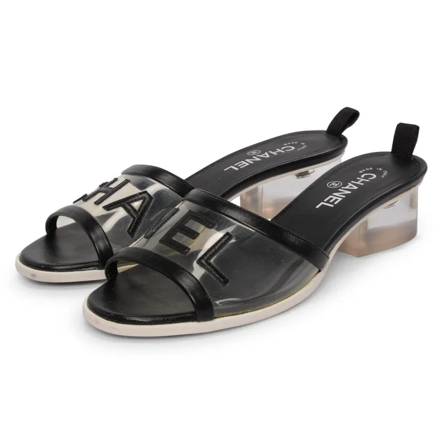 Chanel PVC & Lambskin Logo Sandals 40.5 in Black Lambskin from Blue Spinach