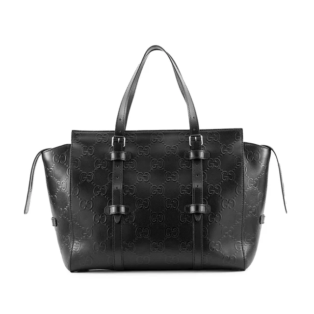 Black Gucci GG Embossed Perforated Calfskin Tote in Black Calfskin from Designer Revival