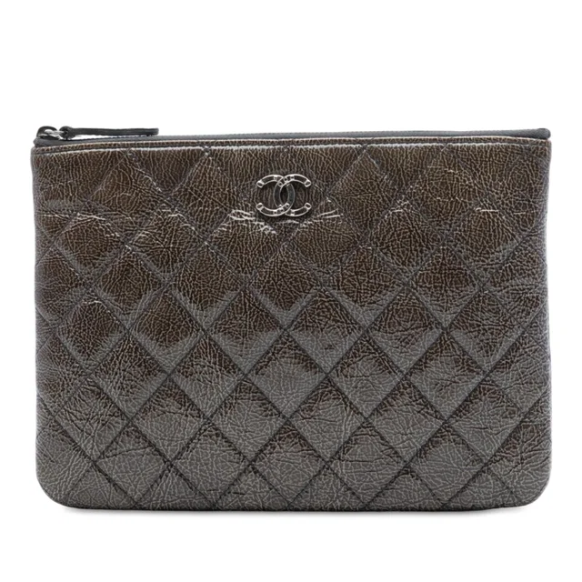 Gray Chanel Small Quilted Crinkled Patent O Case Clutch in Grey Patent leather from Designer Revival