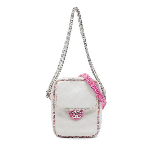 White Chanel Quilted Lambskin and Tweed Elegant Satchel in White Lambskin from Designer Revival