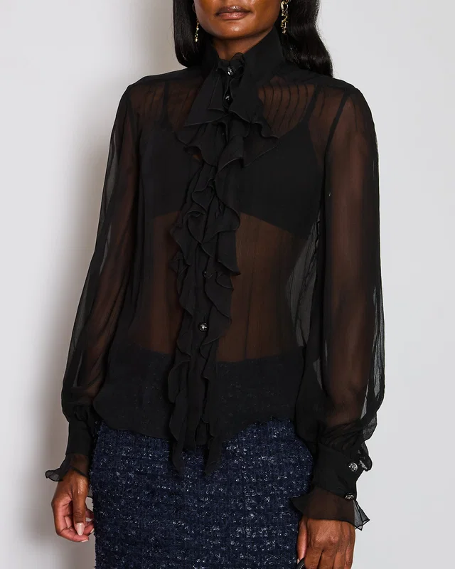Chanel Black Ruched Chiffon Silk Blouse Size FR 40 (UK 12) in Black Silk from Sellier