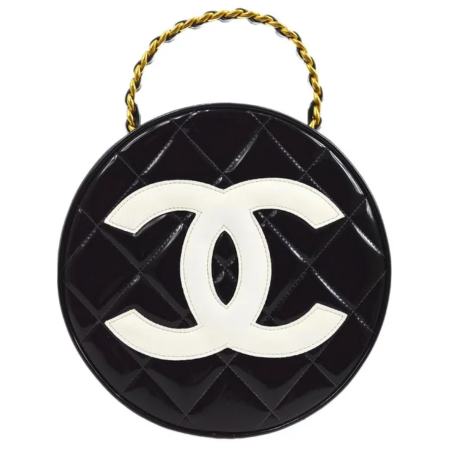 Chanel 1994-1996 Chain Vanity Round Hand Bag Black in Black Patent leather from AMORE Vintage Tokyo