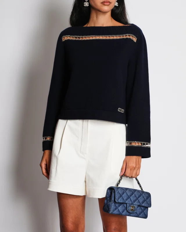 Chanel 20/C Navy Off-Shoulder Long Sleeve Jumper with Chain Panelling Detail Size FR 36 (UK 8) in Navy Cashmere from Sellier