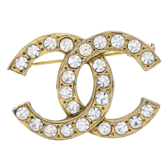 Chanel CC Brooch Pin Gold Rhinestone in Gold from AMORE Vintage Tokyo