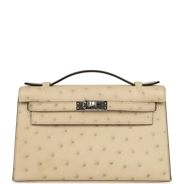 Hermès Kelly Pochette Parchemin Ostrich Palladium Hardware in Ostrich from Madison Avenue Couture