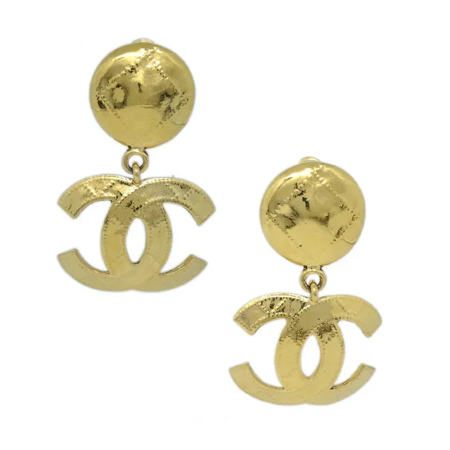 Chanel 1994 Quilted CC Dangle Earrings Clip-On Gold Small in Gold from AMORE Vintage Tokyo