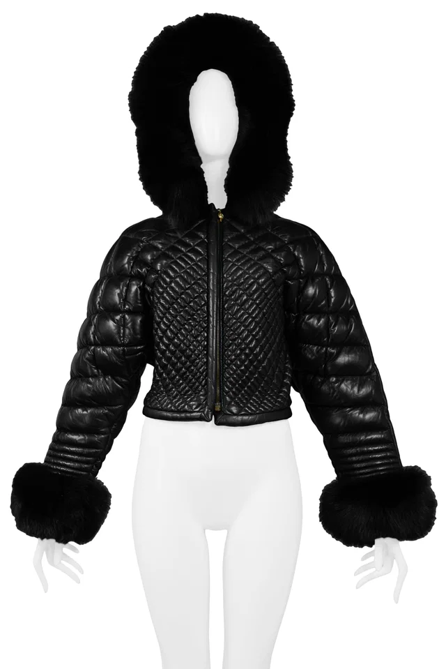 Versace Black Leather & Fur Puffer Jacket 1992 in Black Leather from Resurrection Vintage