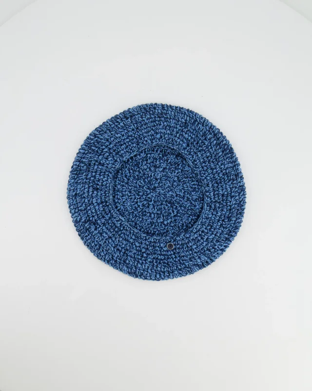 Hermès Light Blue and Navy Crochet Beret Hat with Logo Button Detail Size M in Navy from Sellier, photo 2 of 4