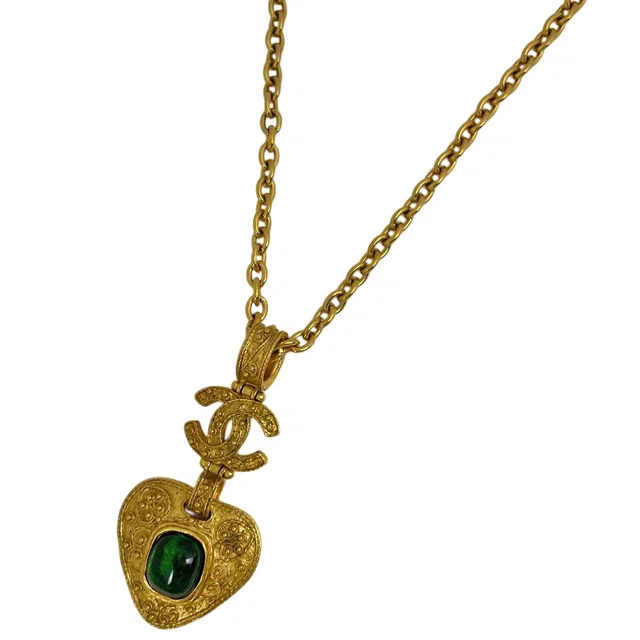 Chanel CC Logo Color Stone Necklace Gold Plated Green in Green from The Reluxe