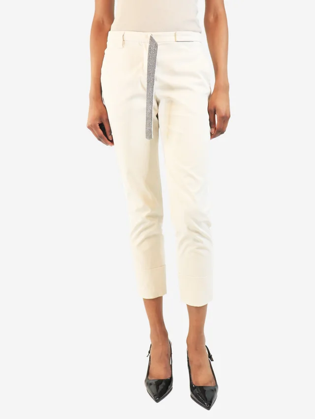 Brunello Cucinelli White slim-leg trousers with diamante belt - size UK 6 in White from Sign of the Times