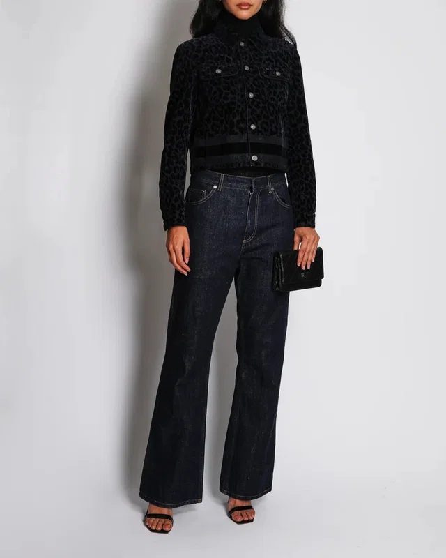 Dior Navy Velvet Leopard Print Jacket with Logo Detail Size FR 34 (UK 6) in Navy Velvet from Sellier