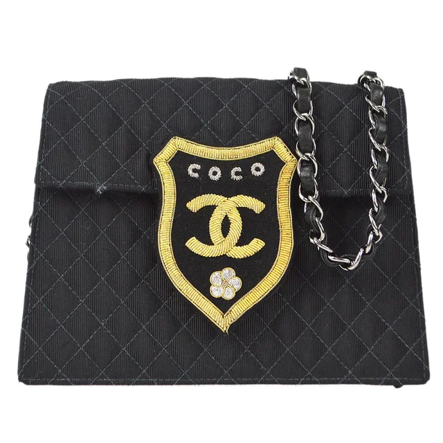 Chanel 2004-2005 Emblem Chain Shoulder Bag Black in Black Canvas from AMORE Vintage Tokyo