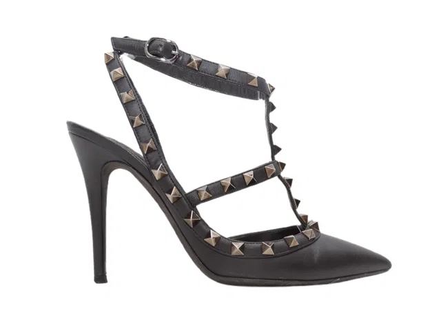 Black Valentino Pointed-Toe Rockstud Heels Size 37 in Black Leather from Designer Revival