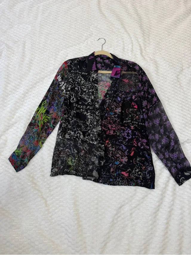 Diesel Sheer Multicolor Abstract Print Blouse - Black, Purple, Green, Pink in pink|purple|black|green from Poshmark
