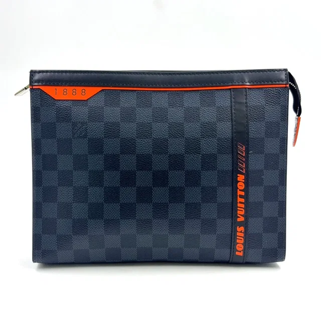 Louis Vuitton Pochette Voyage MM Damier Cobalt Leather Orange Navy Black Clutch in Black Leather from The Reluxe