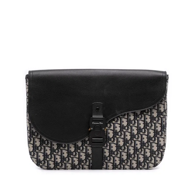 Blue Dior Oblique Canvas and Leather Saddle A4 Pouch Clutch Bag in Blue Canvas from Designer Revival