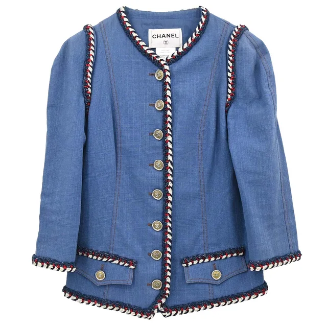 Chanel 2013 Single Breasted Collarless Jacket Blue #34 in Blue from AMORE Vintage Tokyo