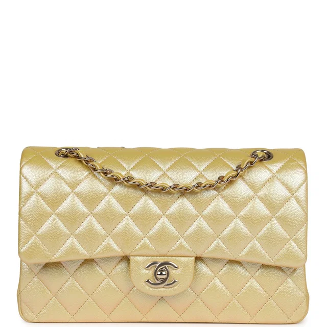 Chanel Medium Classic Double Flap Bag Yellow Iridescent Caviar Light Gold Hardware in Yellow Caviar leather from Madison Avenue Couture