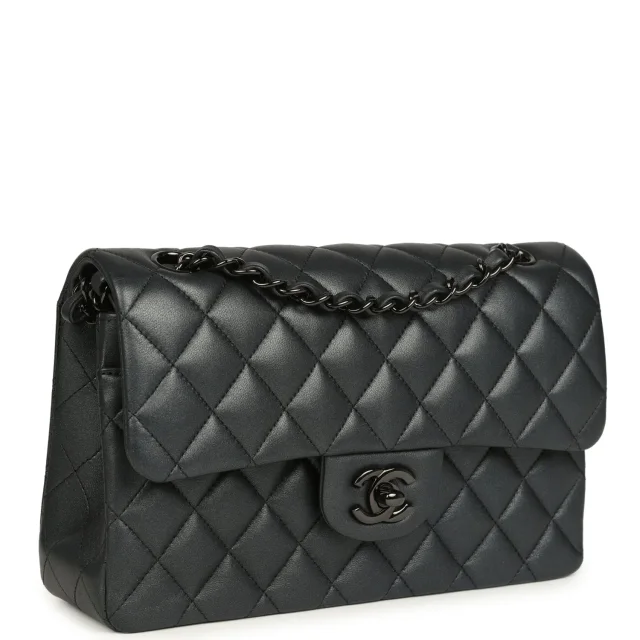 Chanel Small Classic Double Flap Bag So Black Iridescent Lambskin Black Hardware in Black Lambskin from Madison Avenue Couture, photo 2 of 9
