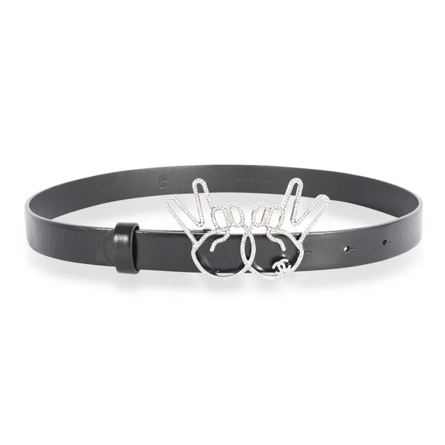 Chanel Black Calfskin Crystal Peace Sign Emoji Belt 65/26 in Black Calfskin from myGemma