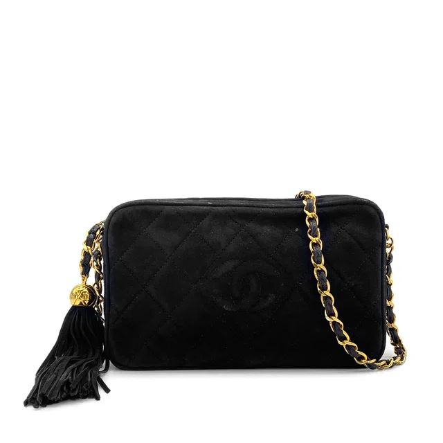 Chanel Vintage Matelasse Chain Shoulder Bag Black Suede Fringe Gold Hardware in Black Suede from Luxury Promise