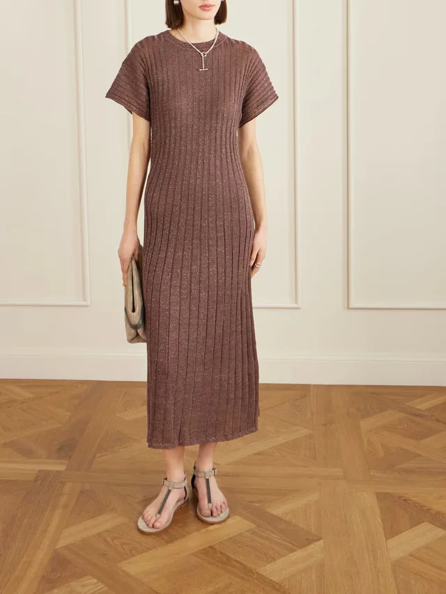 BRUNELLO CUCINELLI Metallic ribbed-knit midi dress in Brown, photo 2 of 2 from NET-A-PORTER (Canada)