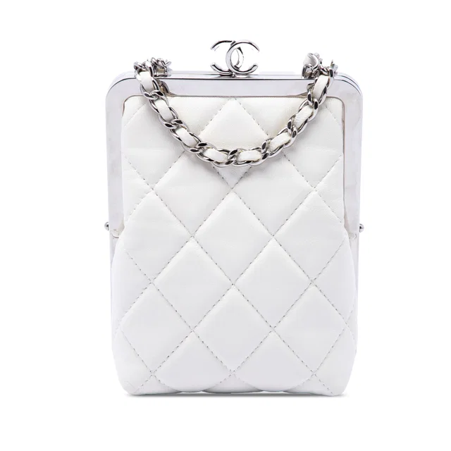White Chanel CC Quilted Acrylic and Lambskin Evening Clutch With Chain Crossbody Bag in White Lambskin from Designer Revival