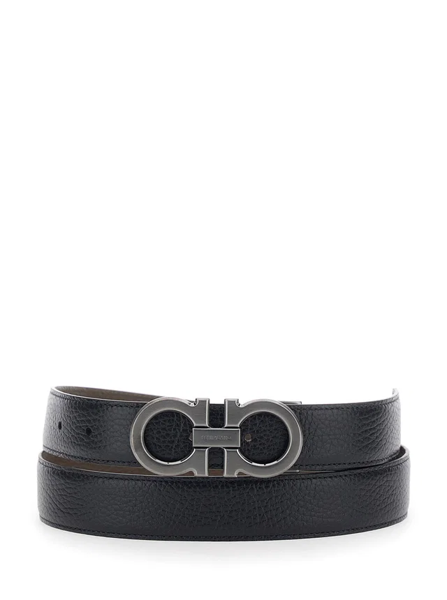 Ferragamo Gancini Buckle Leather Belt — Black Calf in Black Leather from HEWI