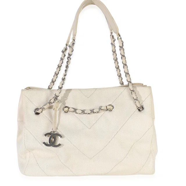 Chanel Beige Ecru Chevron Canvas CC Tote in Beige Canvas from myGemma