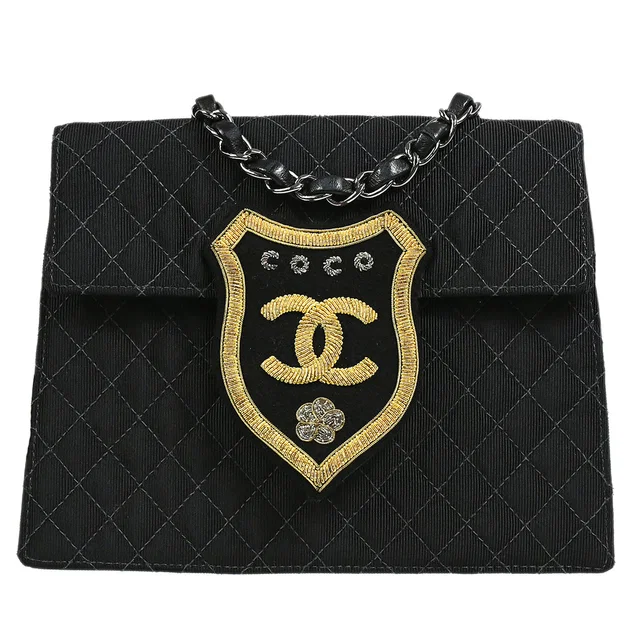 Chanel 2004-2005 Emblem Chain Shoulder Bag Black in Black Canvas from AMORE Vintage Tokyo