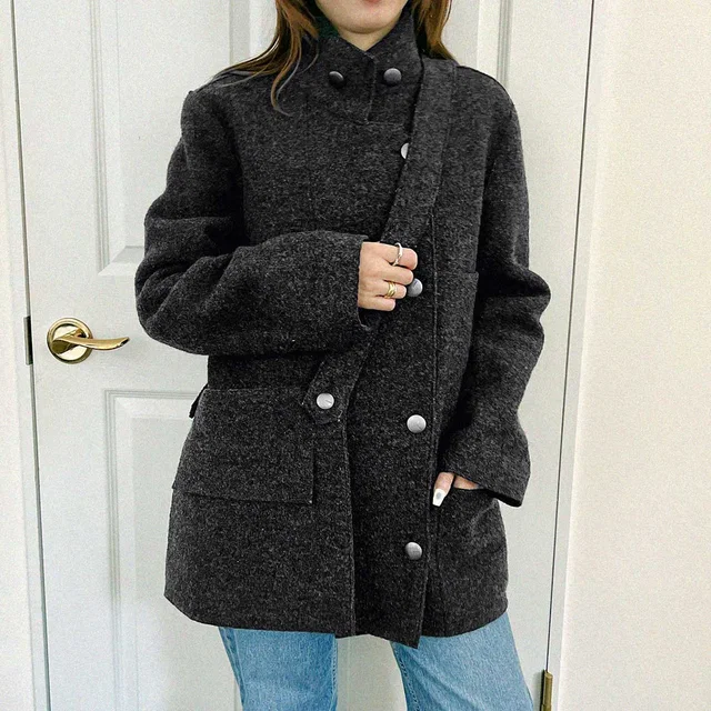 Chanel 1999 Logo Button Stand Collar Jacket & Shoulder Bag Set #38 Charcoal Gray in Grey Wool from VINTAGE QOO TOKYO