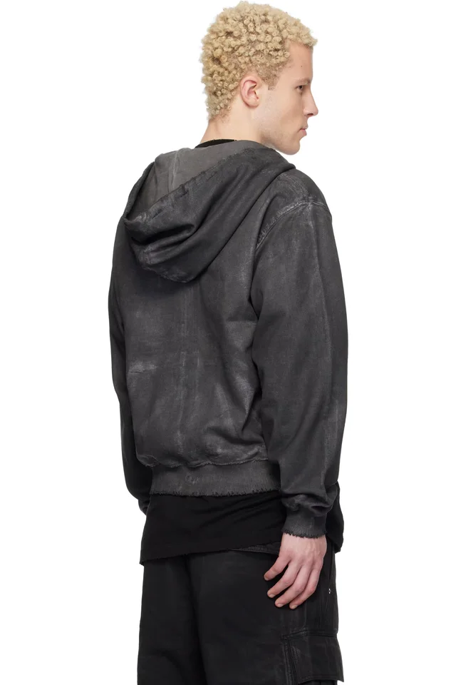 DET BLEV SENT Gray Waxed Garment-Dyed Zip Hoodie, photo 3 of 4 from SSENSE