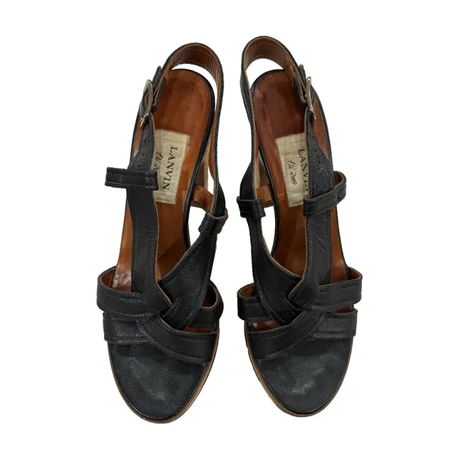 Lanvin Paris Black Leather Cork Platform Wedge Sandals Size 38.5 Us 8/.5 in black Leather from Poshmark